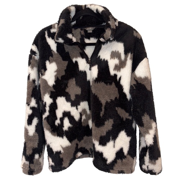 Eddie Bauer 1/4 Zip Jacket Womens Black White Gray Camo‎ Sherpa Lightweight Sz L - Picture 1 of 4